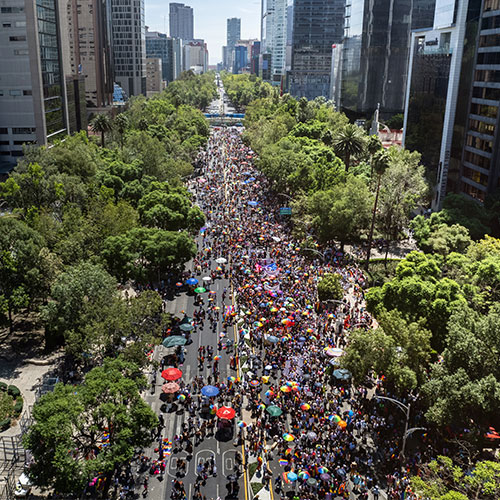 aerial shot of people walking on a parade